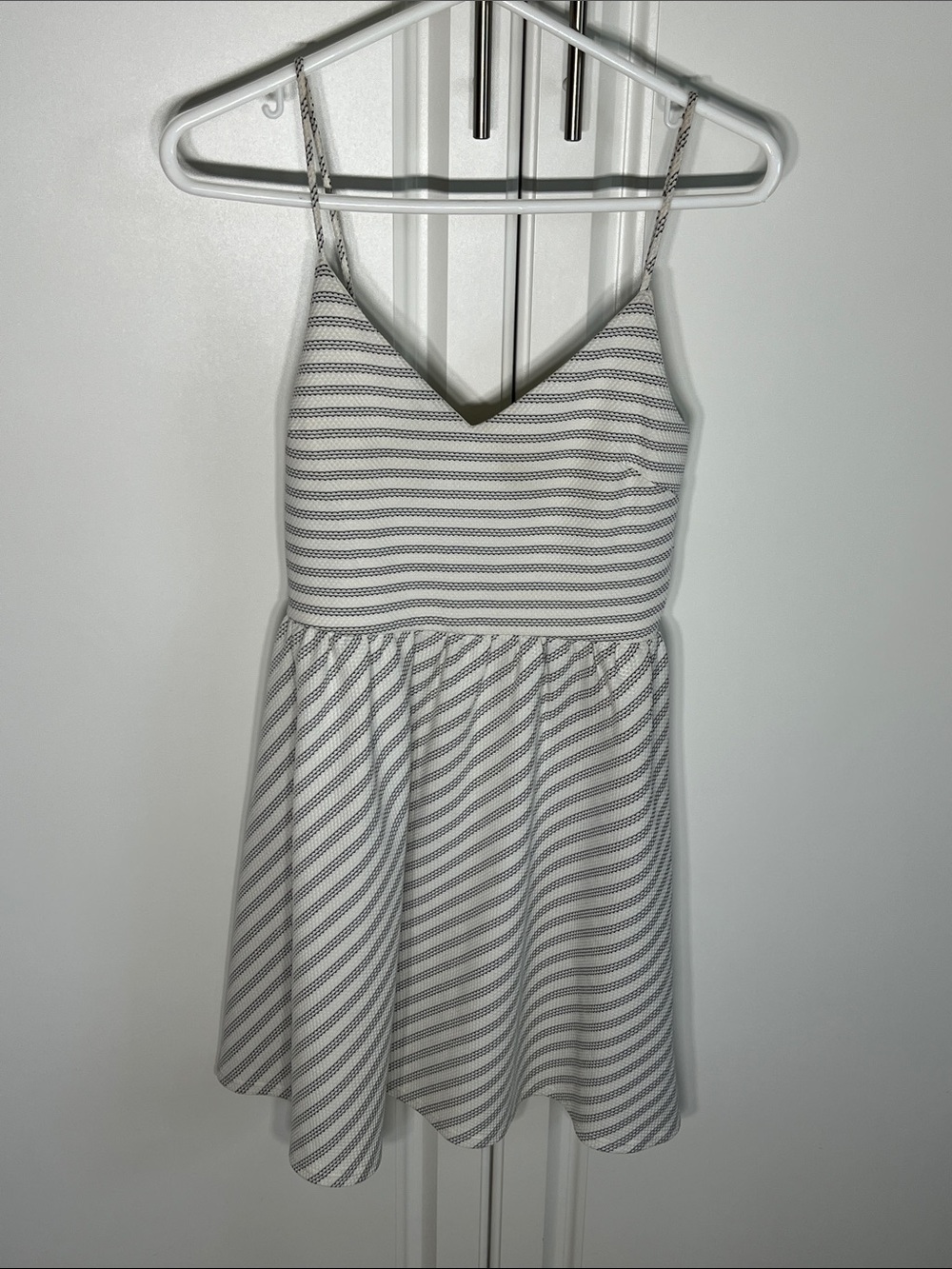 Stripped Spaghetti Strap Skater Dress - White & Gray